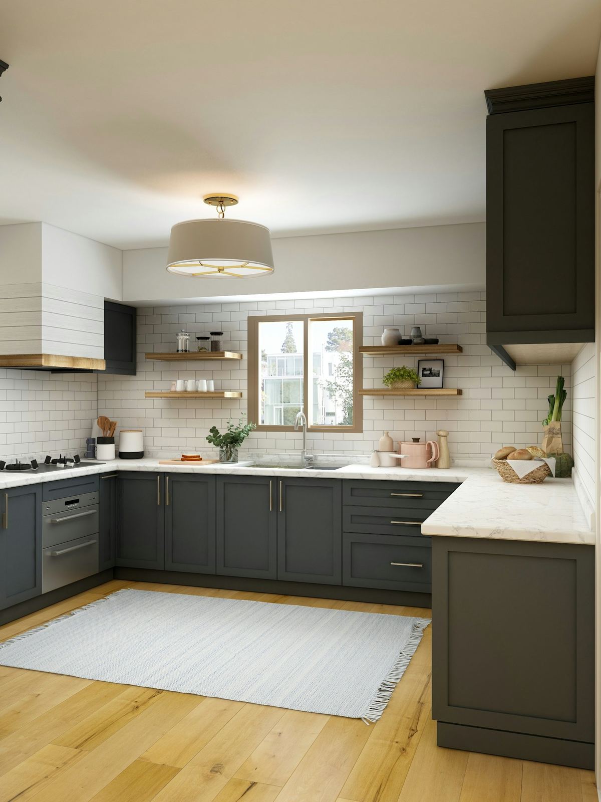 Galley kitchen, herringbone splashback after